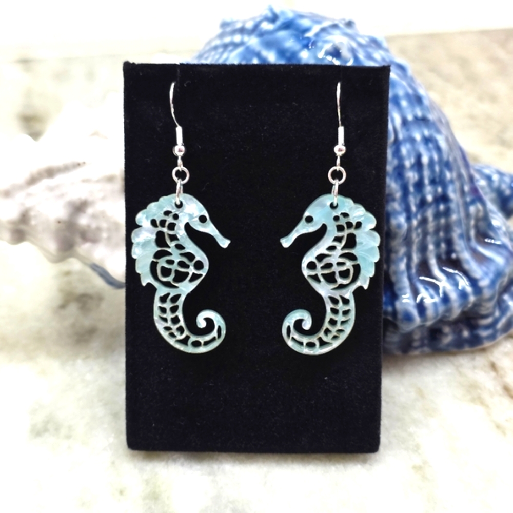 Elegant 925 Sterling Silver Blue Marbled Seahorse Dangle Earrings